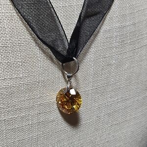 Chic Black Ribbon Necklace with Gold Crystal Pendant